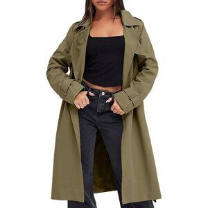 Women's Green Double-Breasted Trench Coat, Casual Windproof Overcoat with Belt